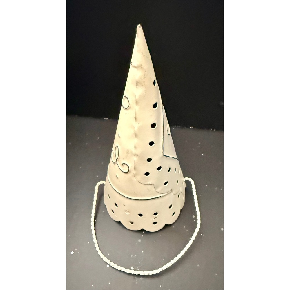 Metal Cone Ornament Small Cream Off-White Good Distressed Farmhouse 4in